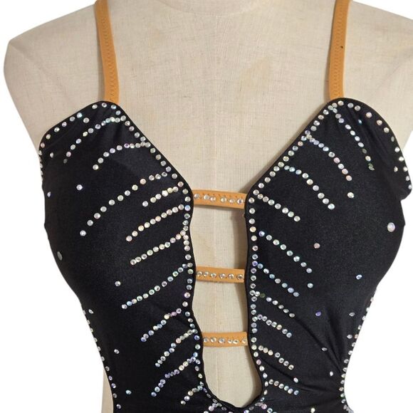 Hot Black Latin Rhinrstone Cut Out Dance Dress With Tan Straps - Picture 2 of 6